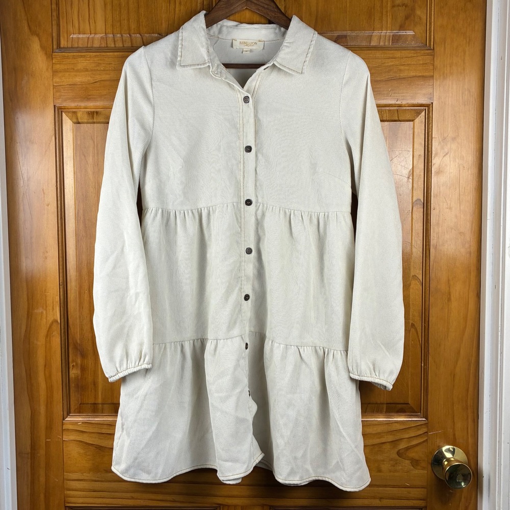 Rebellion Again Medium Cream Corduroy Tiered Mini Shirt Dress Babydoll Cottage